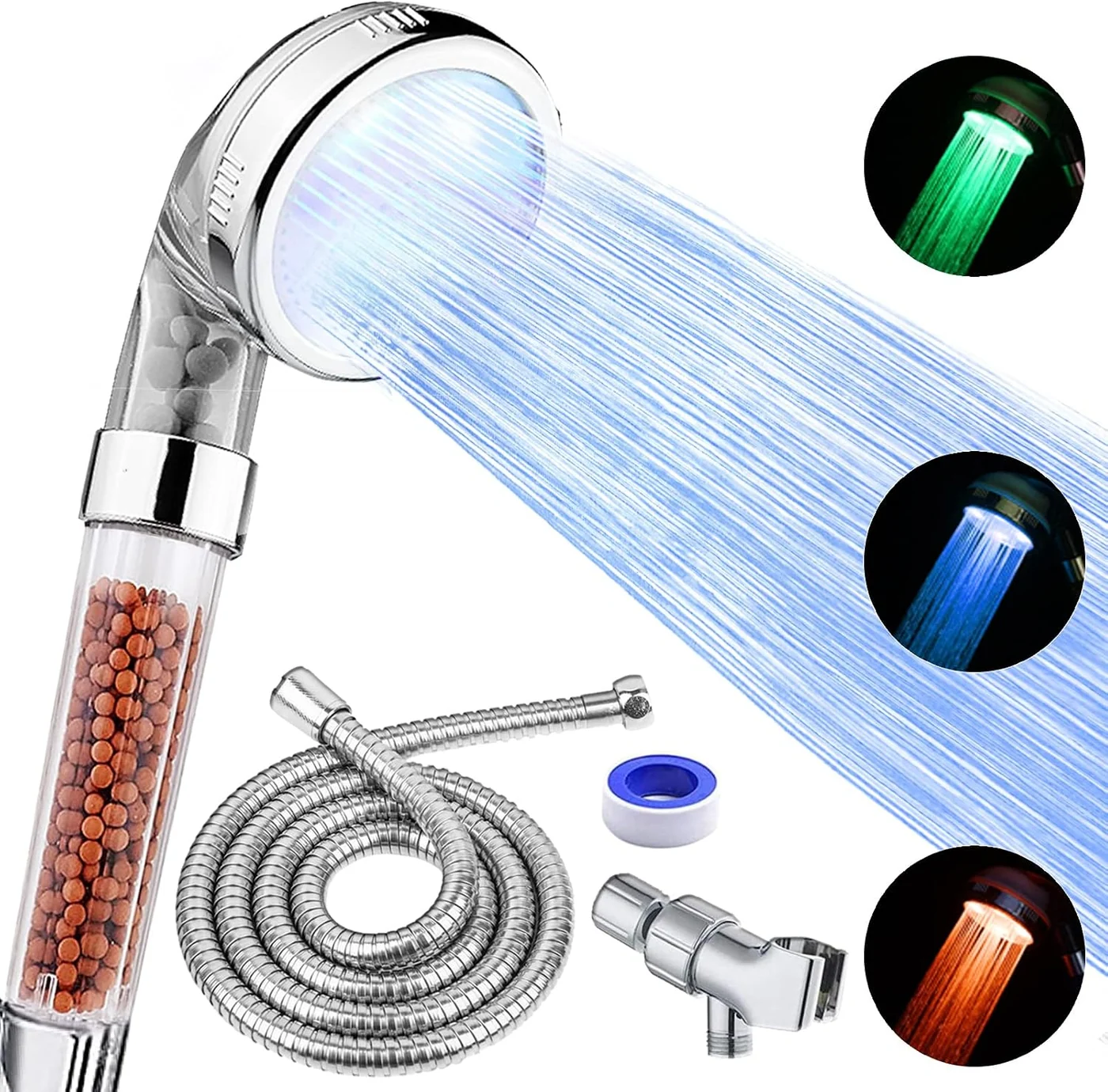 FASTRAS LED filtered shower head, Gray Orange finish, with its box contents